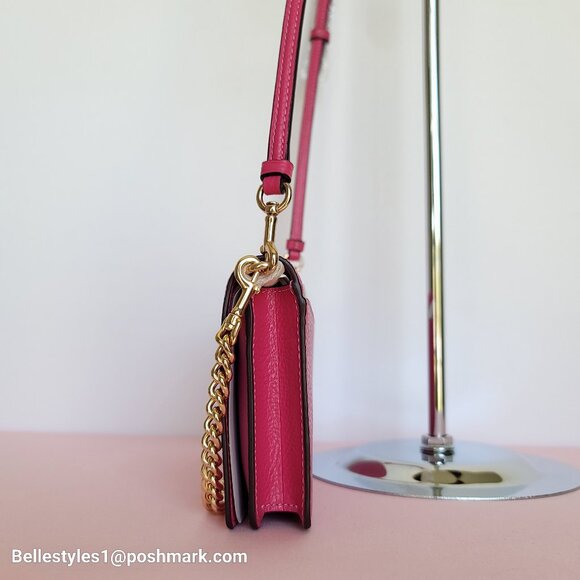 COACH Anna Pebbled Leather Fold-over Clutch Crossbody With Chain- Bold Pink ⭐ - Picture 10 of 16